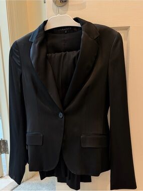 Theory Black Satin-Trim Single-Button Blazer and Pants Suit